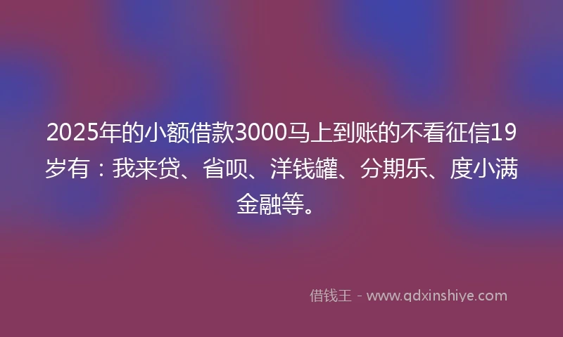 2025年的小额借款3000马上到账的不看征信19岁有：我来贷、省呗、洋钱罐、分期乐、度小满金融等。