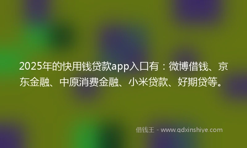 2025年的快用钱贷款app入口有：微博借钱、京东金融、中原消费金融、小米贷款、好期贷等。