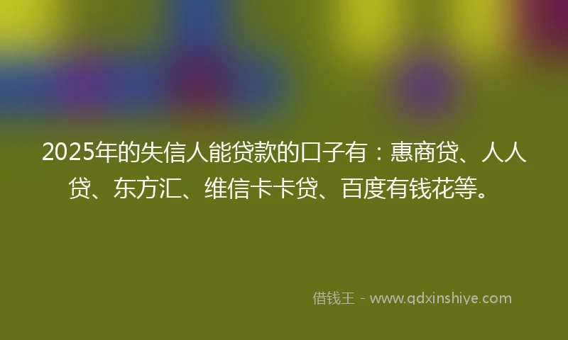 2025年的失信人能贷款的口子有：惠商贷、人人贷、东方汇、维信卡卡贷、百度有钱花等。