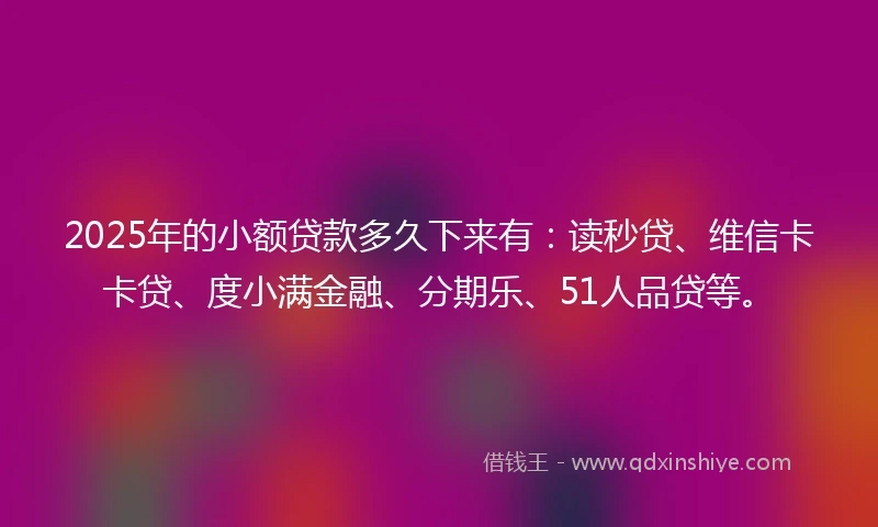 2025年的小额贷款多久下来有：读秒贷、维信卡卡贷、度小满金融、分期乐、51人品贷等。