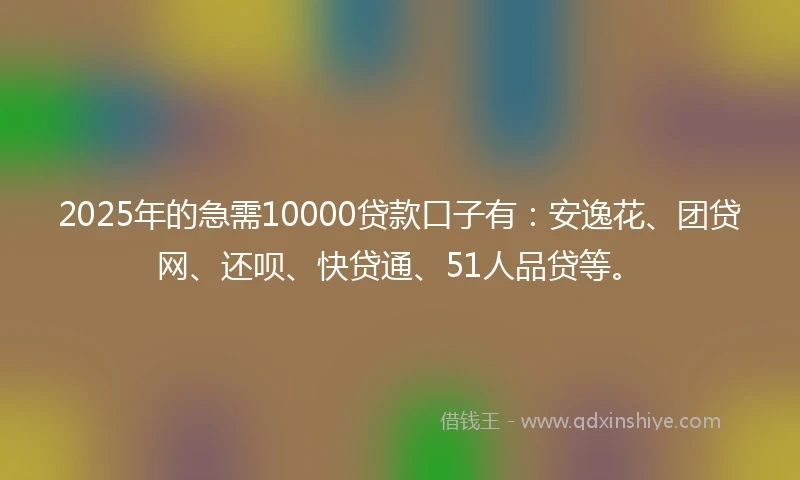 2025年的急需10000贷款口子有：安逸花、团贷网、还呗、快贷通、51人品贷等。