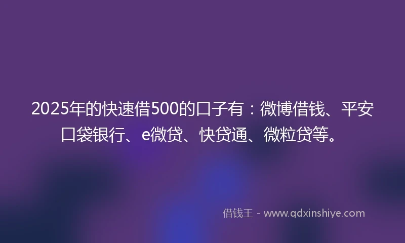 2025年的快速借500的口子有：微博借钱、平安口袋银行、e微贷、快贷通、微粒贷等。