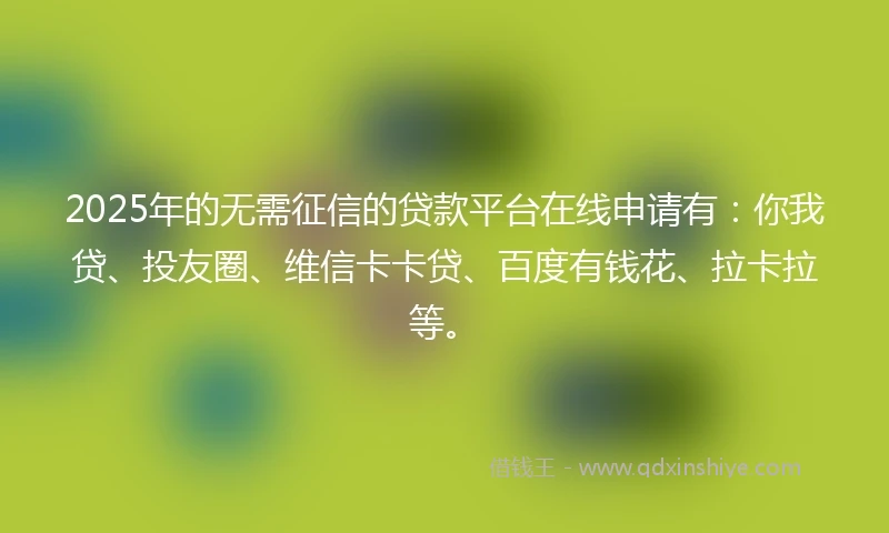 2025年的无需征信的贷款平台在线申请有：你我贷、投友圈、维信卡卡贷、百度有钱花、拉卡拉等。
