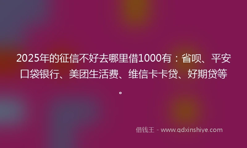 2025年的征信不好去哪里借1000有：省呗、平安口袋银行、美团生活费、维信卡卡贷、好期贷等。