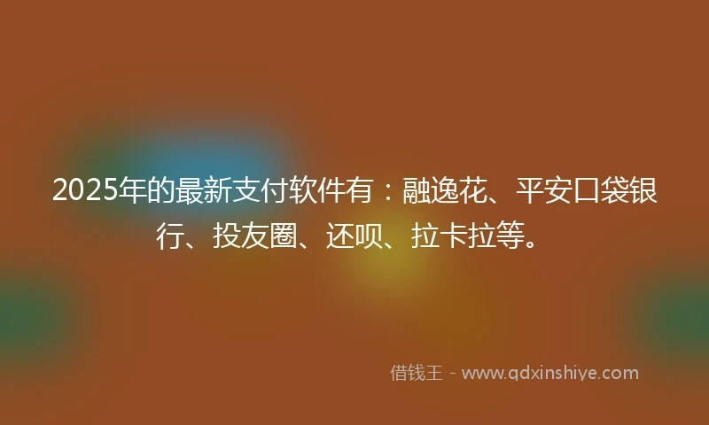2025年的最新支付软件有：融逸花、平安口袋银行、投友圈、还呗、拉卡拉等。