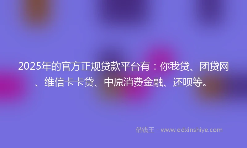2025年的官方正规贷款平台有：你我贷、团贷网、维信卡卡贷、中原消费金融、还呗等。
