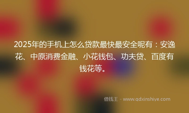 2025年的手机上怎么贷款最快最安全呢有：安逸花、中原消费金融、小花钱包、功夫贷、百度有钱花等。