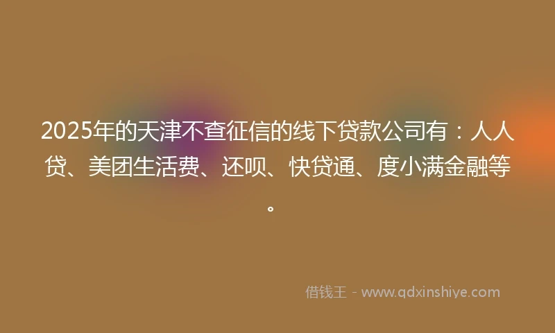 2025年的天津不查征信的线下贷款公司有：人人贷、美团生活费、还呗、快贷通、度小满金融等。