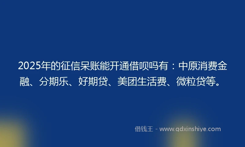 2025年的征信呆账能开通借呗吗有：中原消费金融、分期乐、好期贷、美团生活费、微粒贷等。