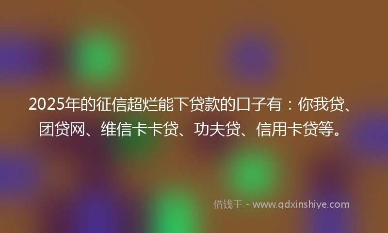 2025年的征信超烂能下贷款的口子有：你我贷、团贷网、维信卡卡贷、功夫贷、信用卡贷等。