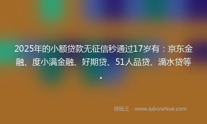 2025年的小额贷款无征信秒通过17岁有：京东金融、度小满金融、好期贷、51人品贷、滴水贷等。