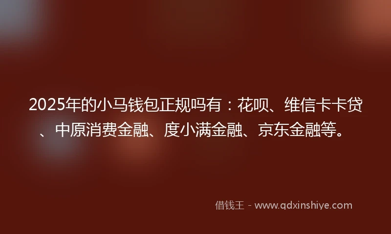 2025年的小马钱包正规吗有：花呗、维信卡卡贷、中原消费金融、度小满金融、京东金融等。