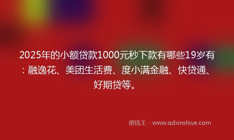 2025年的小额贷款1000元秒下款有哪些19岁有：融逸花、美团生活费、度小满金融、快贷通、好期贷等。