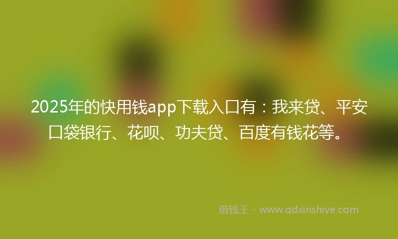 2025年的快用钱app下载入口有：我来贷、平安口袋银行、花呗、功夫贷、百度有钱花等。