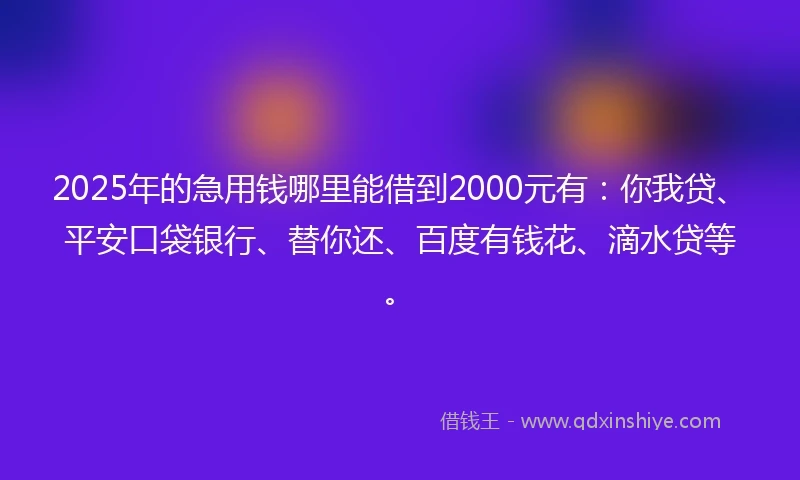 2025年的急用钱哪里能借到2000元有：你我贷、平安口袋银行、替你还、百度有钱花、滴水贷等。