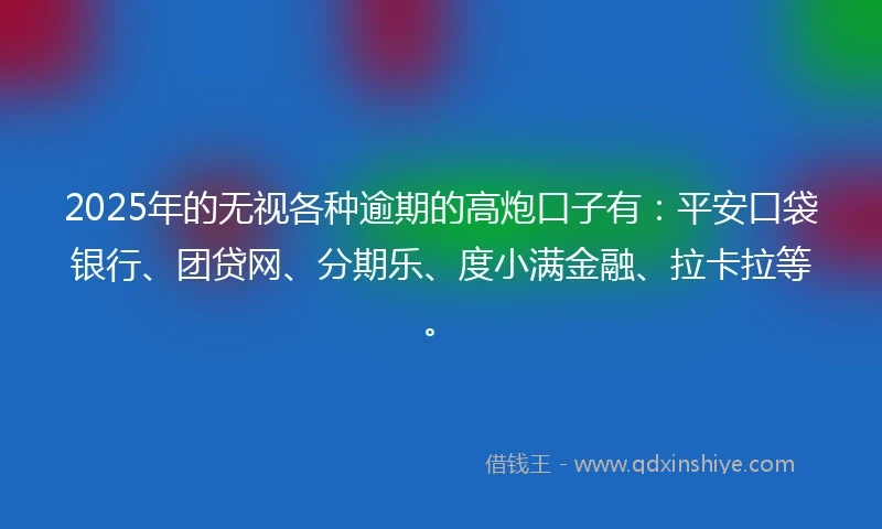 2025年的无视各种逾期的高炮口子有：平安口袋银行、团贷网、分期乐、度小满金融、拉卡拉等。
