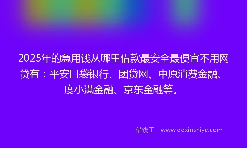 2025年的急用钱从哪里借款最安全最便宜不用网贷有：平安口袋银行、团贷网、中原消费金融、度小满金融、京东金融等。