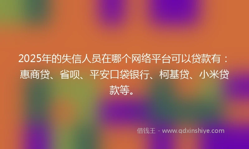 2025年的失信人员在哪个网络平台可以贷款有：惠商贷、省呗、平安口袋银行、柯基贷、小米贷款等。
