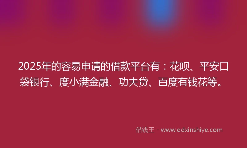 2025年的容易申请的借款平台有：花呗、平安口袋银行、度小满金融、功夫贷、百度有钱花等。