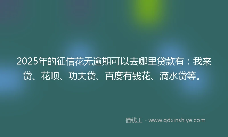2025年的征信花无逾期可以去哪里贷款有：我来贷、花呗、功夫贷、百度有钱花、滴水贷等。