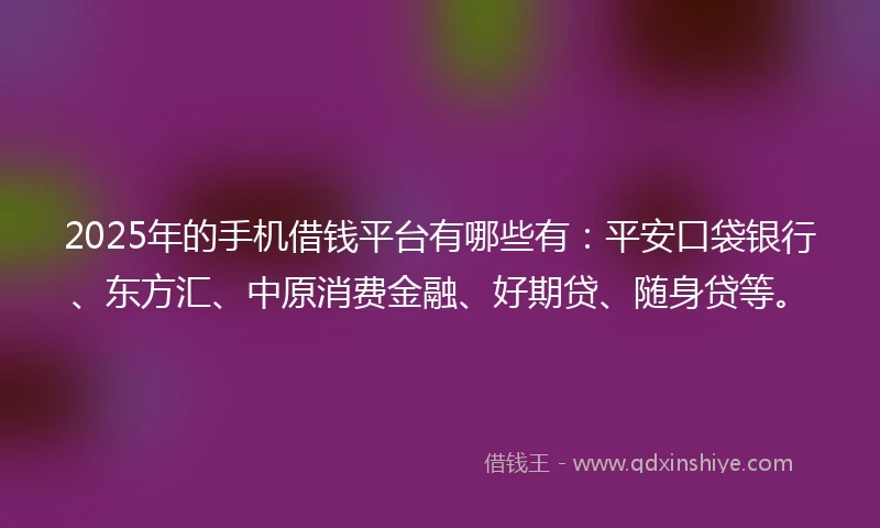 2025年的手机借钱平台有哪些有：平安口袋银行、东方汇、中原消费金融、好期贷、随身贷等。