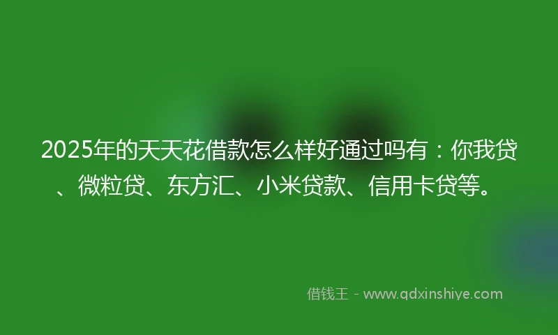 2025年的天天花借款怎么样好通过吗有：你我贷、微粒贷、东方汇、小米贷款、信用卡贷等。