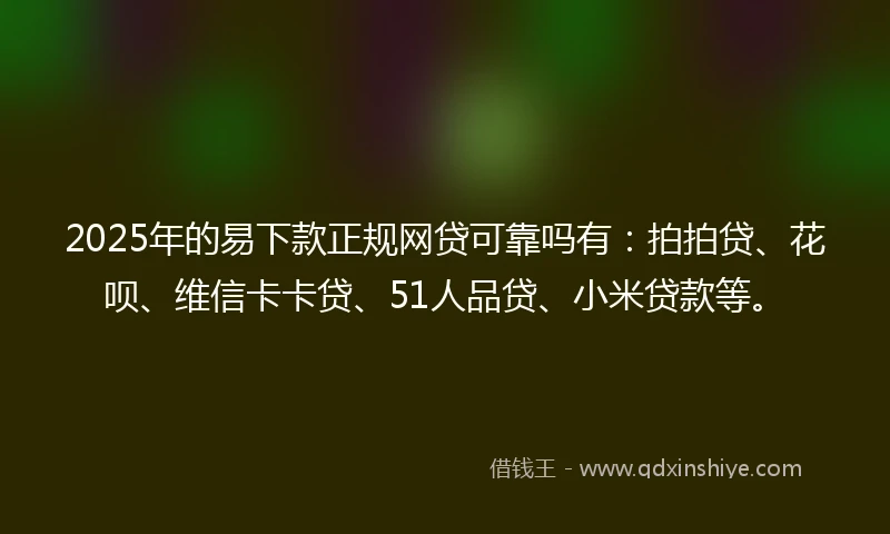2025年的易下款正规网贷可靠吗有：拍拍贷、花呗、维信卡卡贷、51人品贷、小米贷款等。