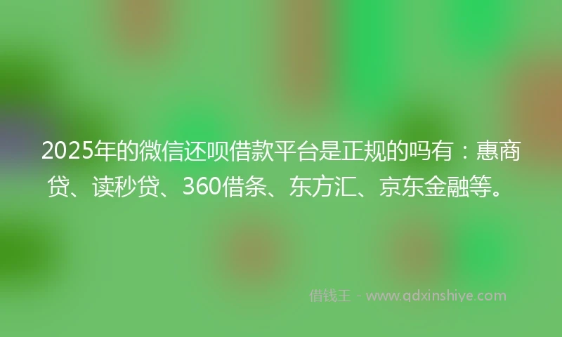 2025年的微信还呗借款平台是正规的吗有：惠商贷、读秒贷、360借条、东方汇、京东金融等。