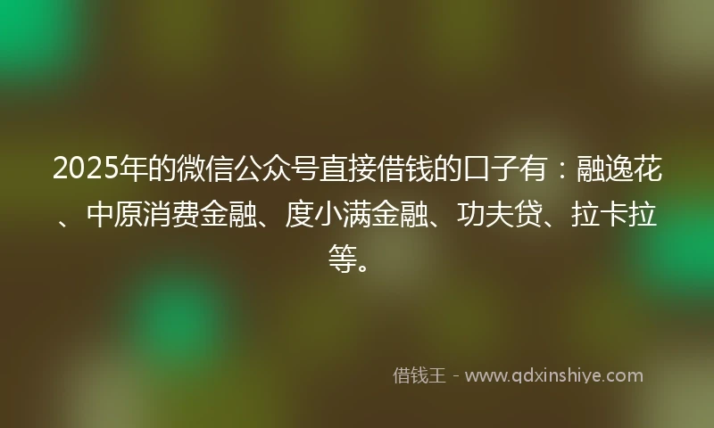 2025年的微信公众号直接借钱的口子有：融逸花、中原消费金融、度小满金融、功夫贷、拉卡拉等。