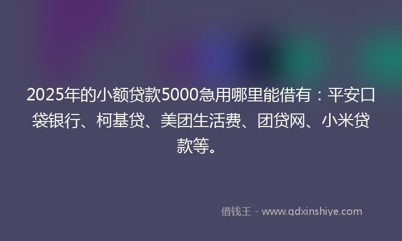 2025年的小额贷款5000急用哪里能借有：平安口袋银行、柯基贷、美团生活费、团贷网、小米贷款等。