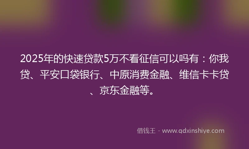 2025年的快速贷款5万不看征信可以吗有：你我贷、平安口袋银行、中原消费金融、维信卡卡贷、京东金融等。