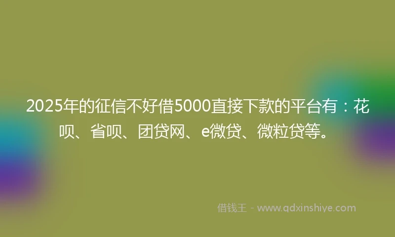 2025年的征信不好借5000直接下款的平台有：花呗、省呗、团贷网、e微贷、微粒贷等。