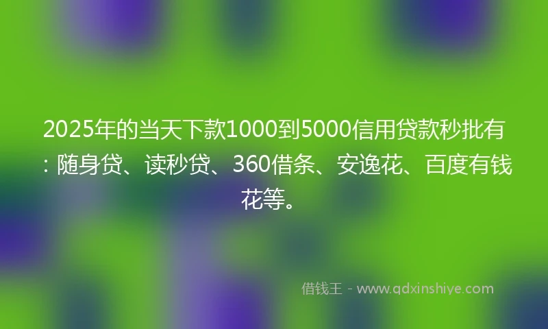 2025年的当天下款1000到5000信用贷款秒批有：随身贷、读秒贷、360借条、安逸花、百度有钱花等。