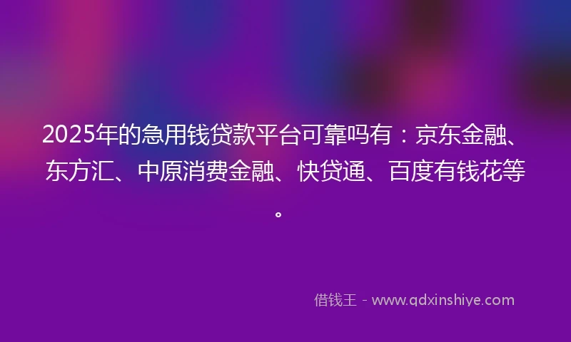 2025年的急用钱贷款平台可靠吗有：京东金融、东方汇、中原消费金融、快贷通、百度有钱花等。