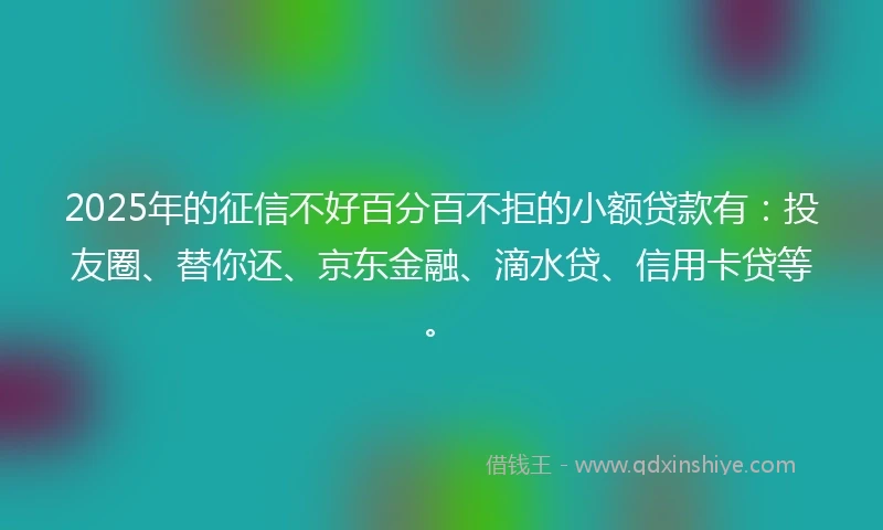 2025年的征信不好百分百不拒的小额贷款有：投友圈、替你还、京东金融、滴水贷、信用卡贷等。