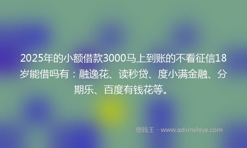 2025年的小额借款3000马上到账的不看征信18岁能借吗有：融逸花、读秒贷、度小满金融、分期乐、百度有钱花等。