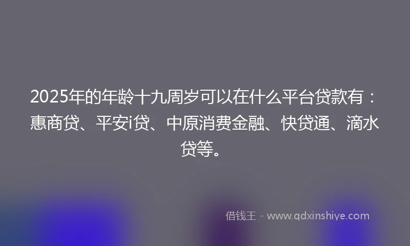 2025年的年龄十九周岁可以在什么平台贷款有：惠商贷、平安i贷、中原消费金融、快贷通、滴水贷等。