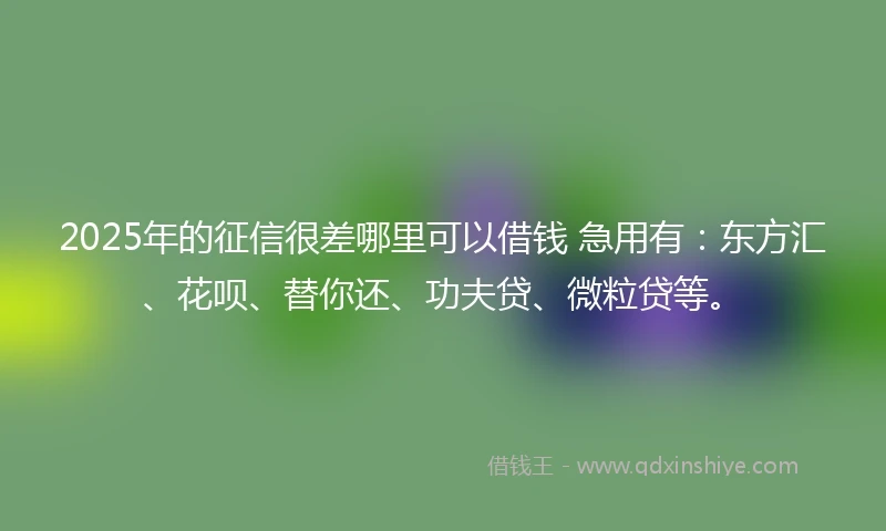 2025年的征信很差哪里可以借钱 急用有：东方汇、花呗、替你还、功夫贷、微粒贷等。