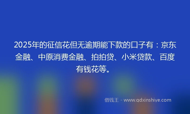 2025年的征信花但无逾期能下款的口子有：京东金融、中原消费金融、拍拍贷、小米贷款、百度有钱花等。