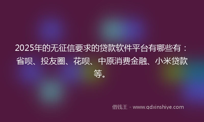 2025年的无征信要求的贷款软件平台有哪些有：省呗、投友圈、花呗、中原消费金融、小米贷款等。