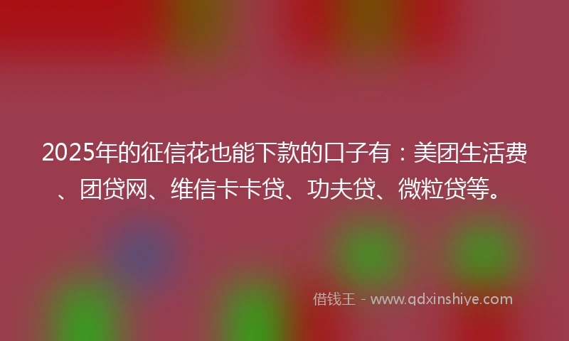2025年的征信花也能下款的口子有：美团生活费、团贷网、维信卡卡贷、功夫贷、微粒贷等。