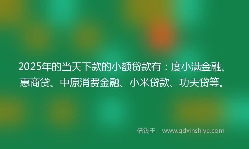 2025年的当天下款的小额贷款有：度小满金融、惠商贷、中原消费金融、小米贷款、功夫贷等。