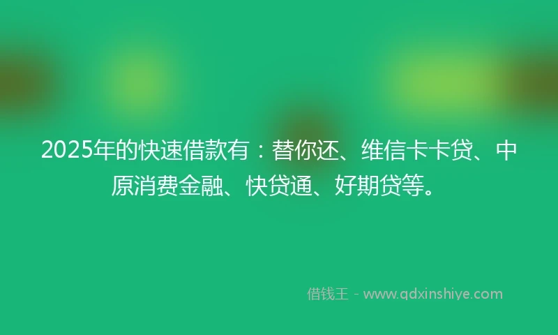 2025年的快速借款有:替你还、维信卡卡贷、中原消费金融、快贷通、好期贷等。