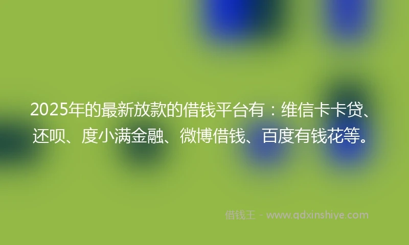 2025年的最新放款的借钱平台有：维信卡卡贷、还呗、度小满金融、微博借钱、百度有钱花等。