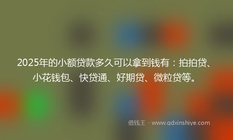 2025年的小额贷款多久可以拿到钱有：拍拍贷、小花钱包、快贷通、好期贷、微粒贷等。
