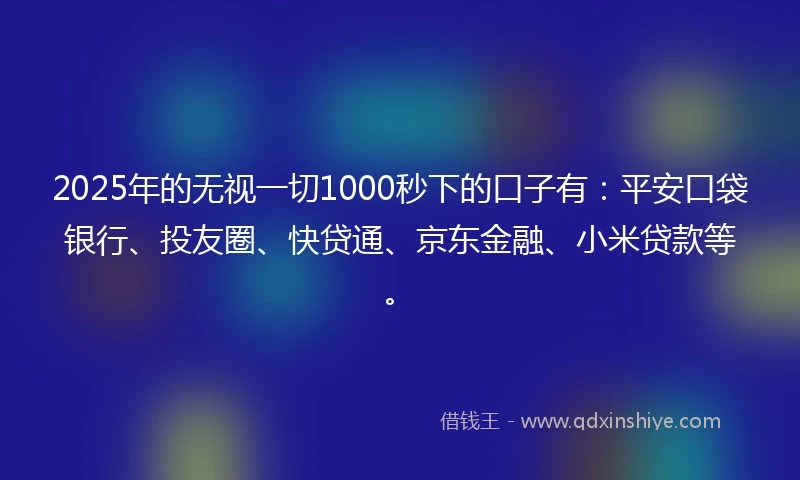 2025年的无视一切1000秒下的口子有：平安口袋银行、投友圈、快贷通、京东金融、小米贷款等。