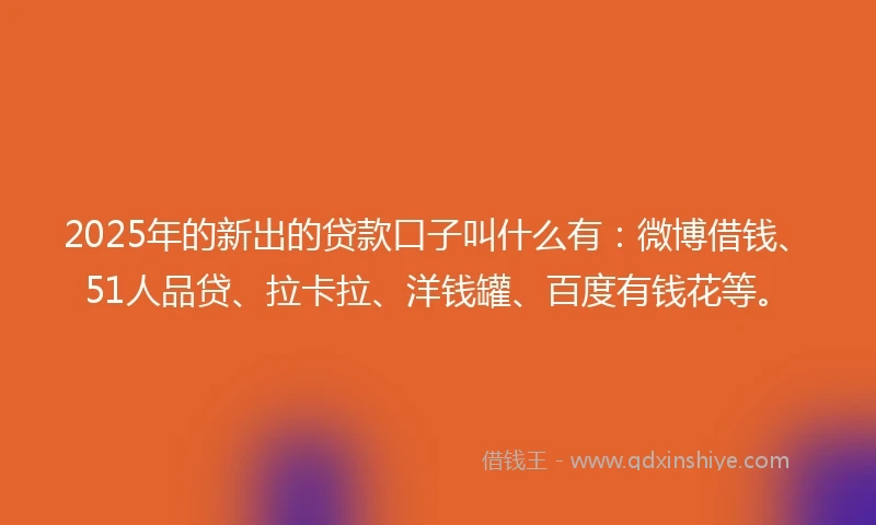 2025年的新出的贷款口子叫什么有：微博借钱、51人品贷、拉卡拉、洋钱罐、百度有钱花等。