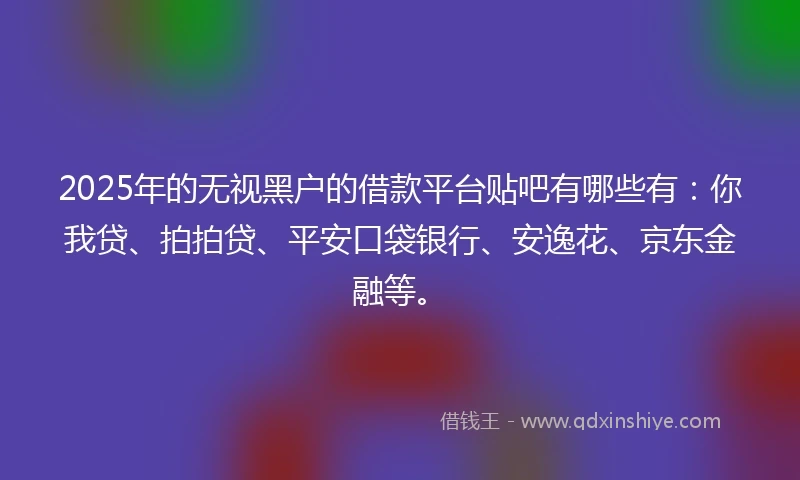 2025年的无视黑户的借款平台贴吧有哪些有：你我贷、拍拍贷、平安口袋银行、安逸花、京东金融等。