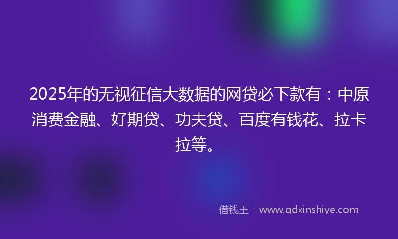 2025年的无视征信大数据的网贷必下款有：中原消费金融、好期贷、功夫贷、百度有钱花、拉卡拉等。