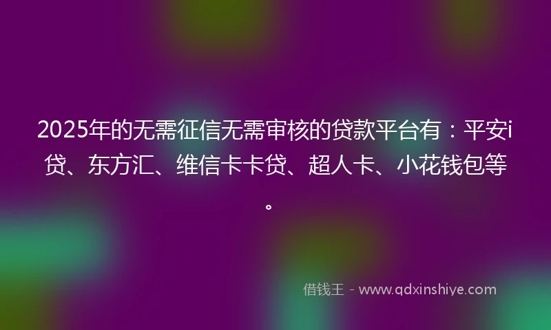 2025年的无需征信无需审核的贷款平台有：平安i贷、东方汇、维信卡卡贷、超人卡、小花钱包等。